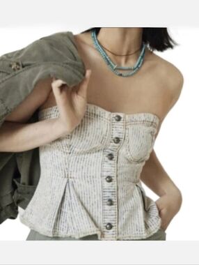 🔥FINAL💲⬇️Anthropologie Pilcro Cream & Light Indigo Striped Corset, Size S~NWT